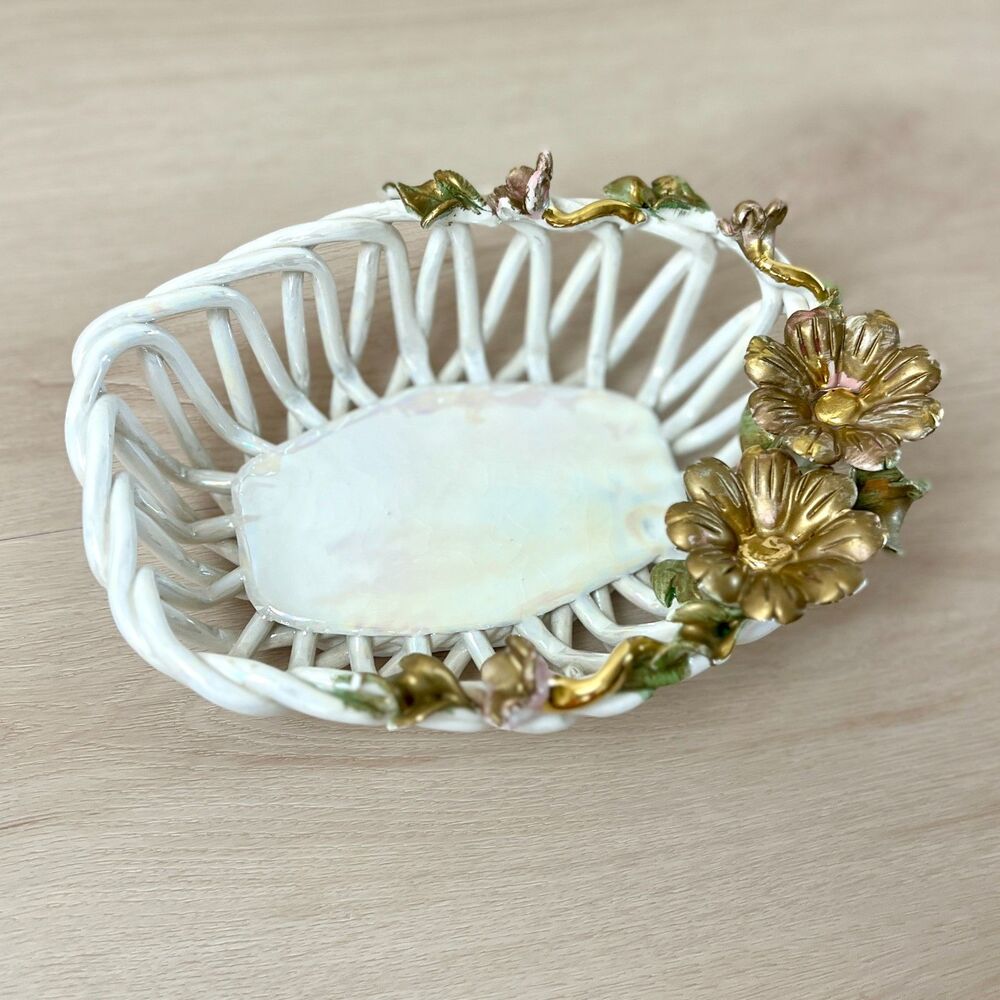 Vintage Capodimonte Italy (SIGNED) Iridescent Porcelain Open Lattice Weave Bowl - Picture 6 of 16